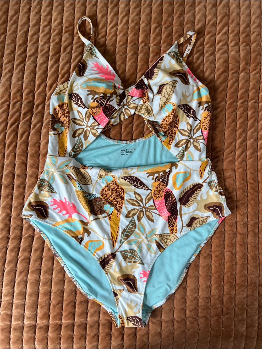 Women’s One-Piece Swimsuit in Aqua with Tropical Print